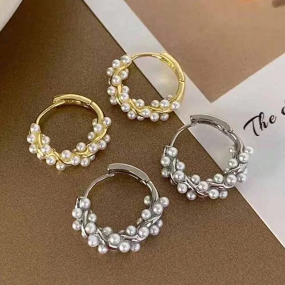 Elegant Gold Plated Hoop Earrings with Pearl Inlays - Picture 6 of 9